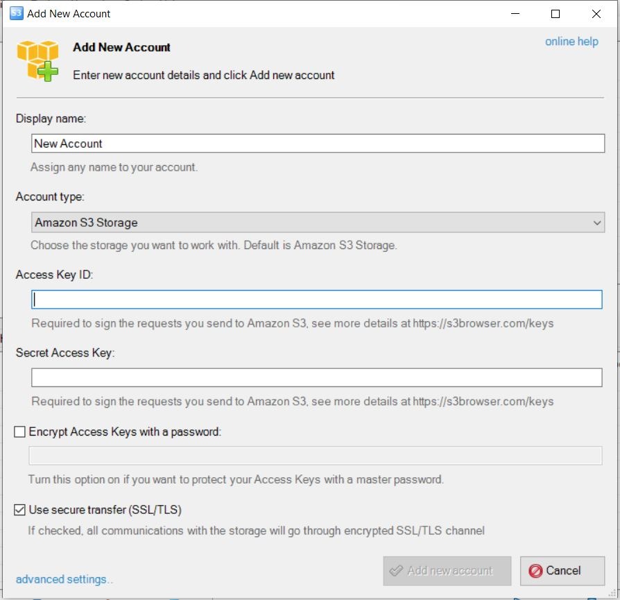 "Add new account" section of the S3 browser. 