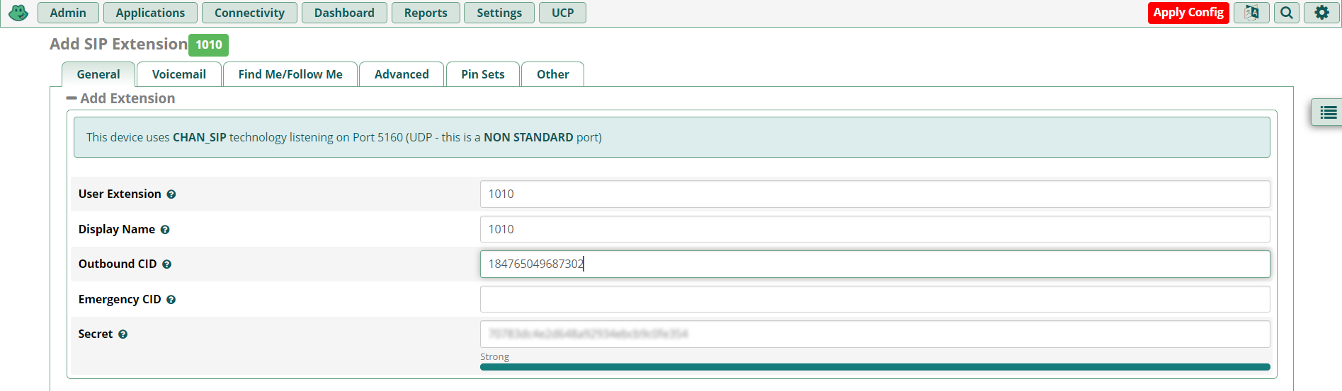 SIP extension tab. 