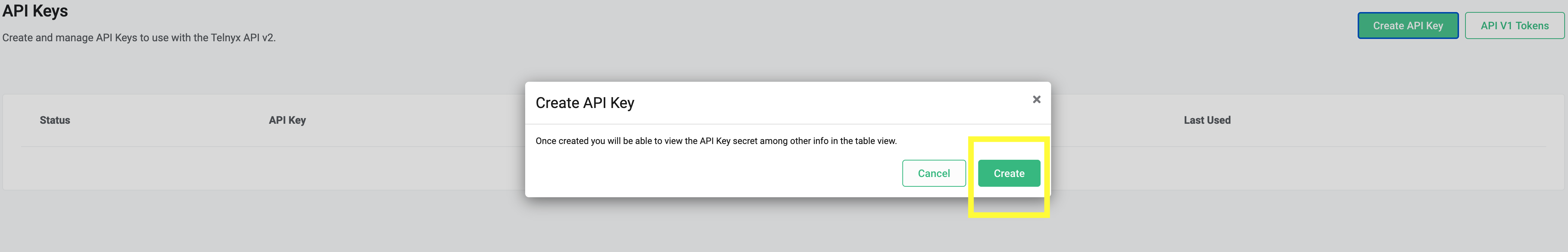 Create API key tab. 