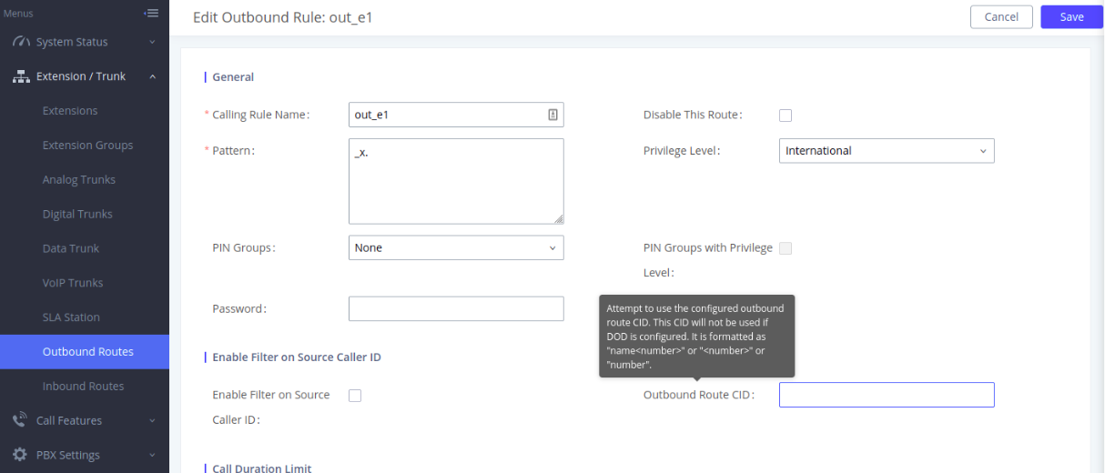 Outbound caller ID settings tab. 