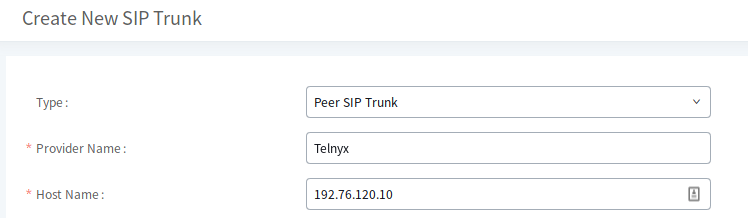 SIP Trunk information addition tab. 