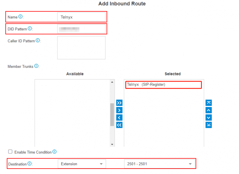 Inbound Route page.