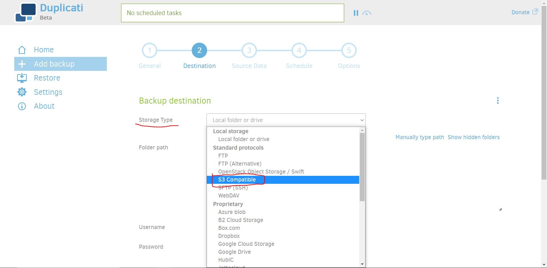 Storage type settings. 