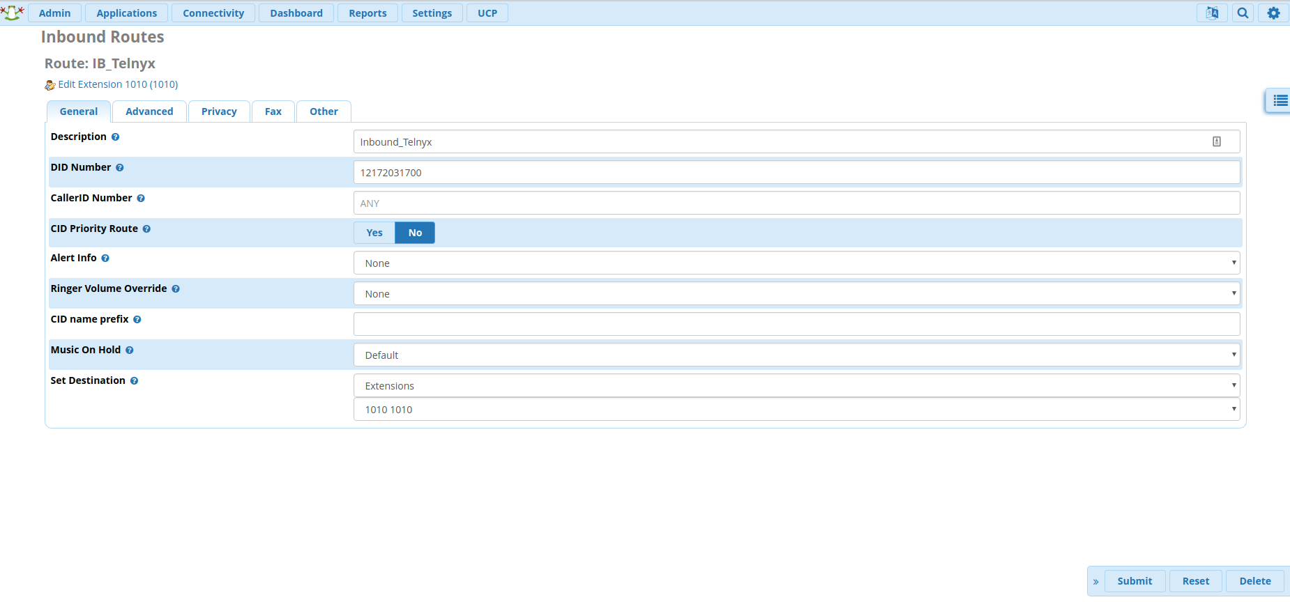 Inbound routes configuration section. 