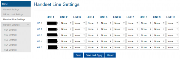 Handset Line Settings section. 