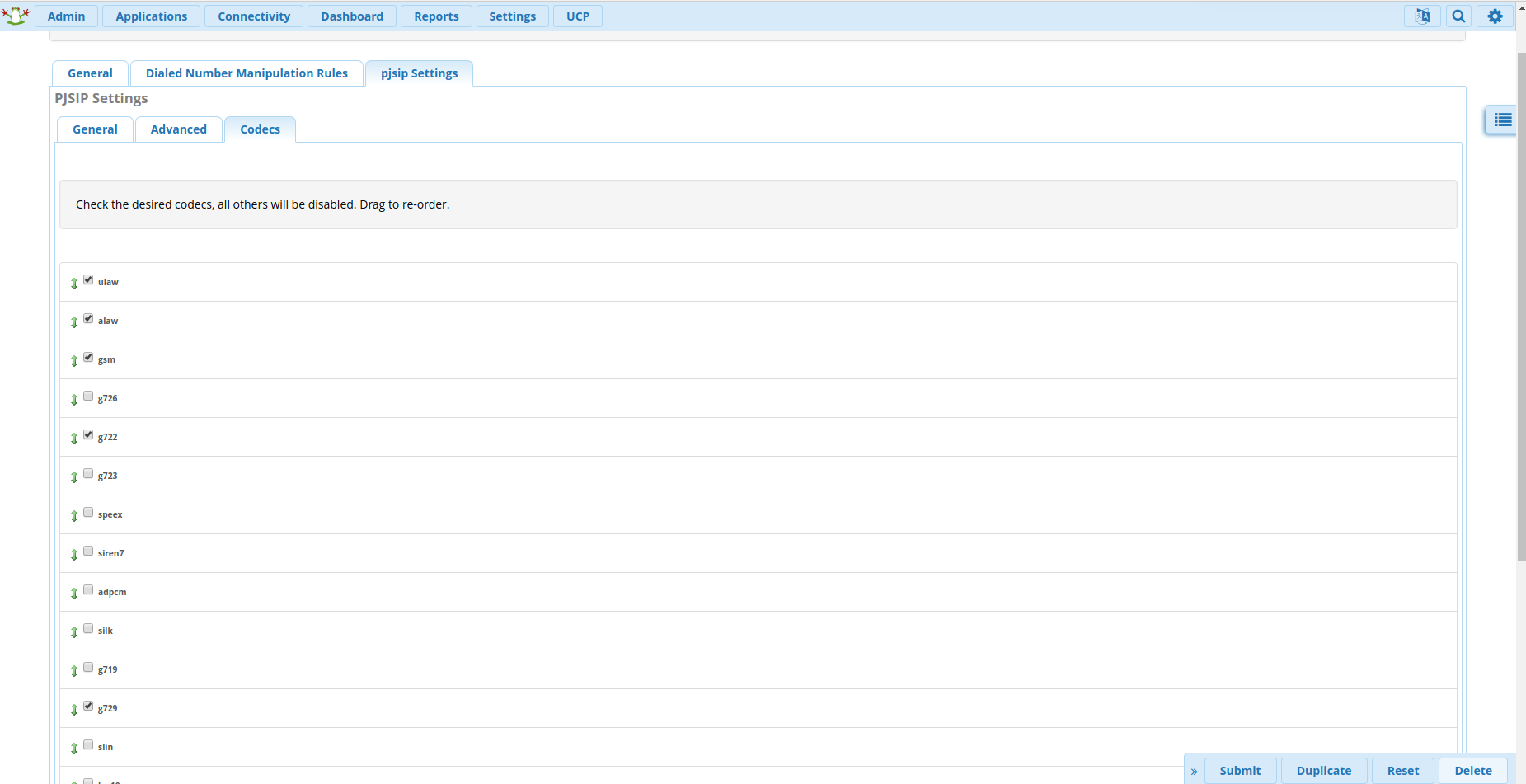 Codecs settings section of the PJSIP Settings. 