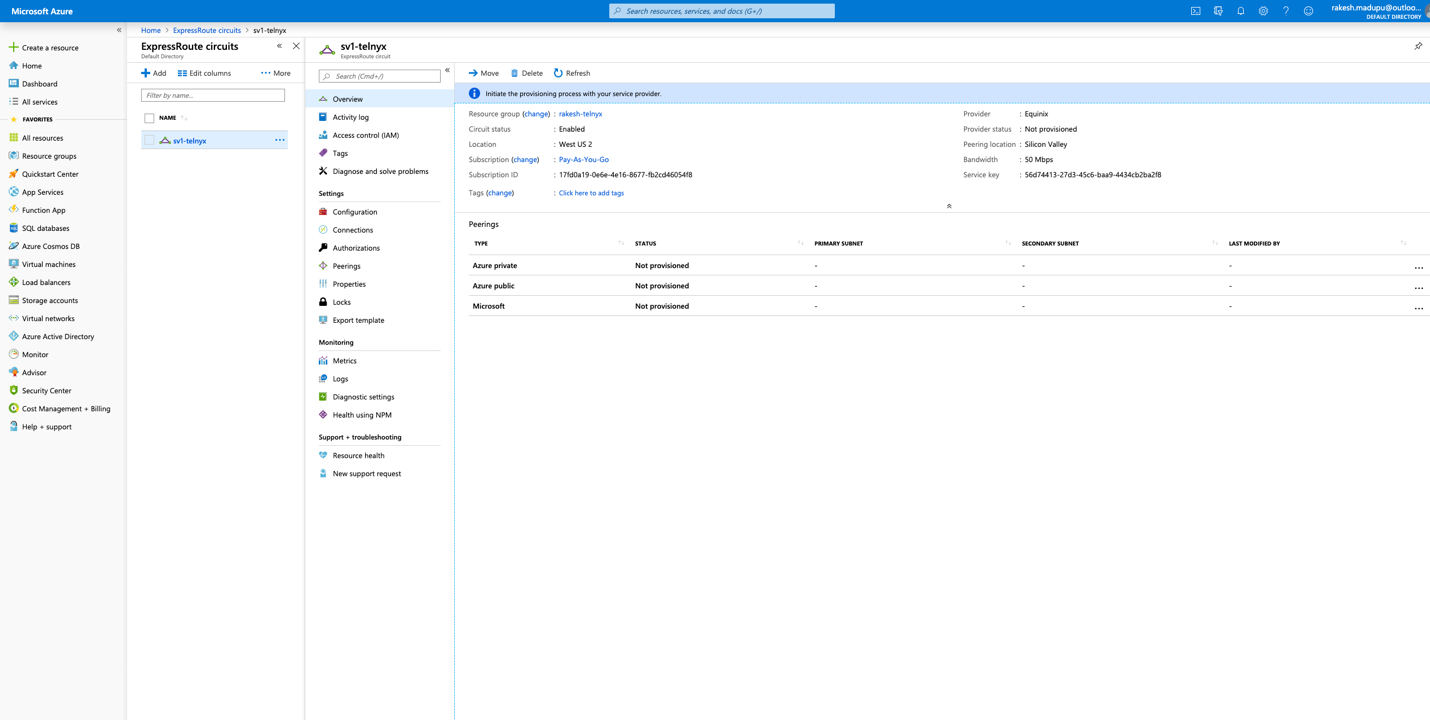 Newly-provisioned Azure express route.