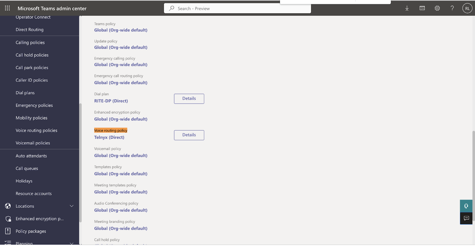 Voice routing policy section. 