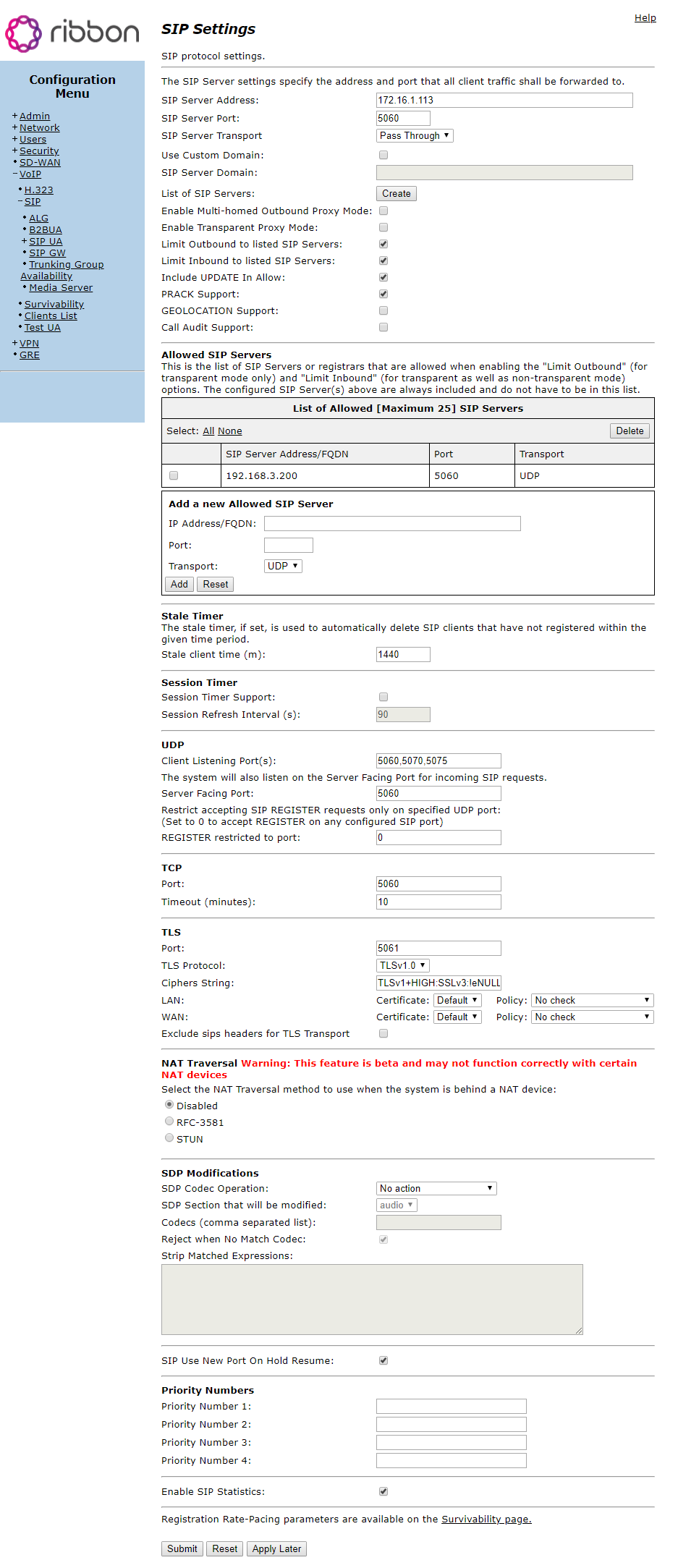 SIP settings page on the EdgeMarc. 
