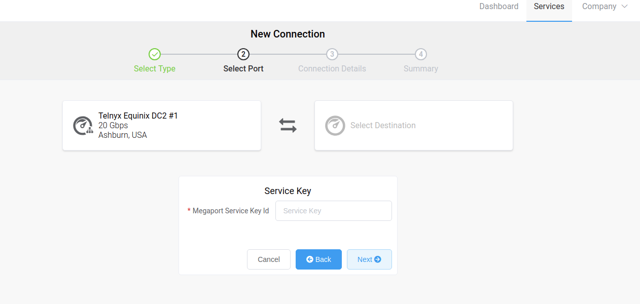 Megaport service key ID credentials input tab. 