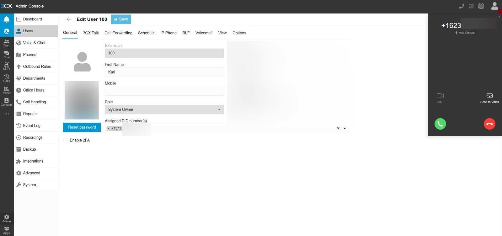 3CX Incoming Call being received on management console