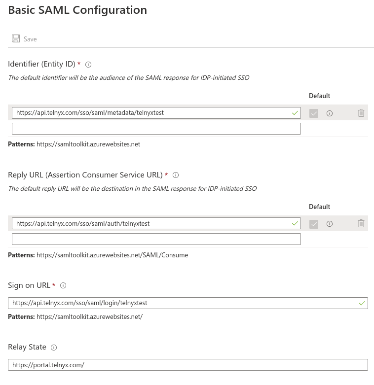 SAML configurations section.