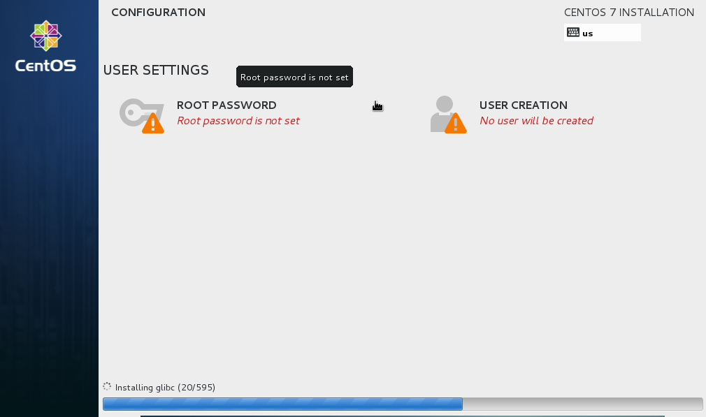 Centos installation page for user settings. 