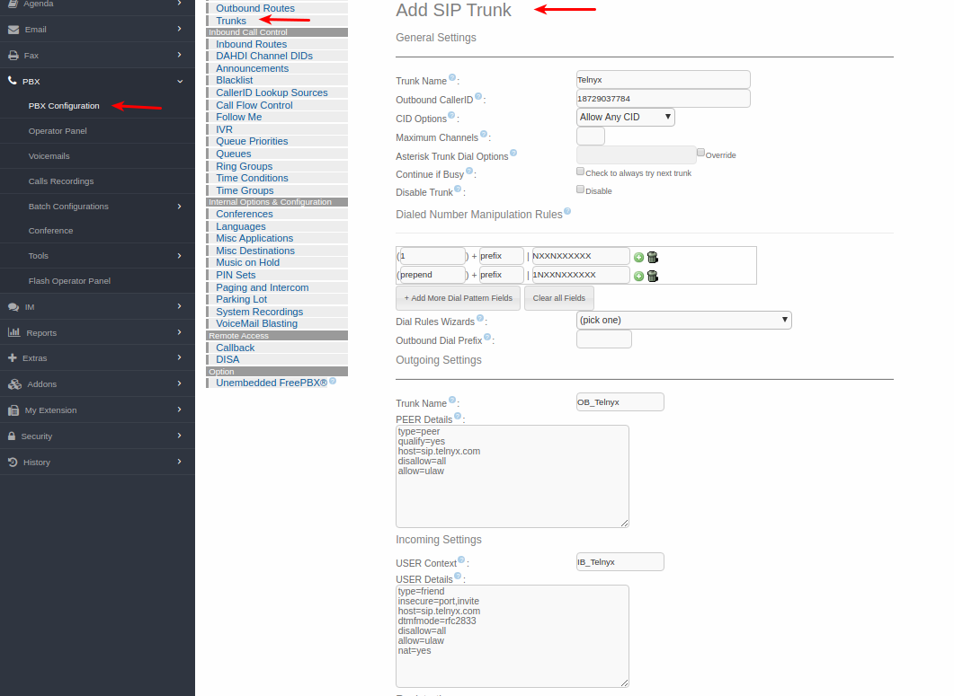 Inbound sip settings page for the trunk.