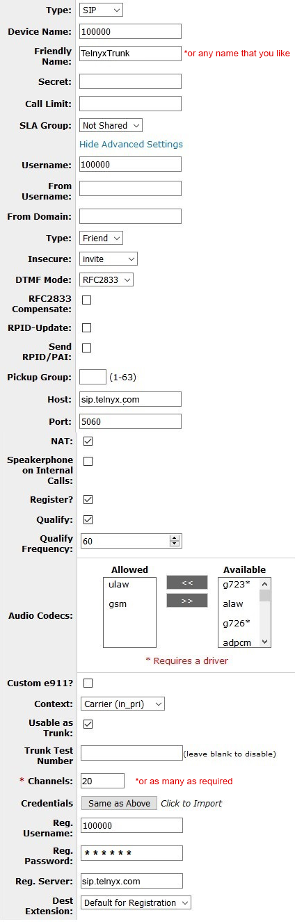New SIP Trunk on the PhoneSuite PBX Voiceware portal.