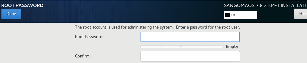 Root password settings page. 