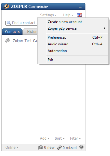 Settings section of the Zoiper Communicator. 