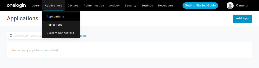 OneLogin Applications interface. 