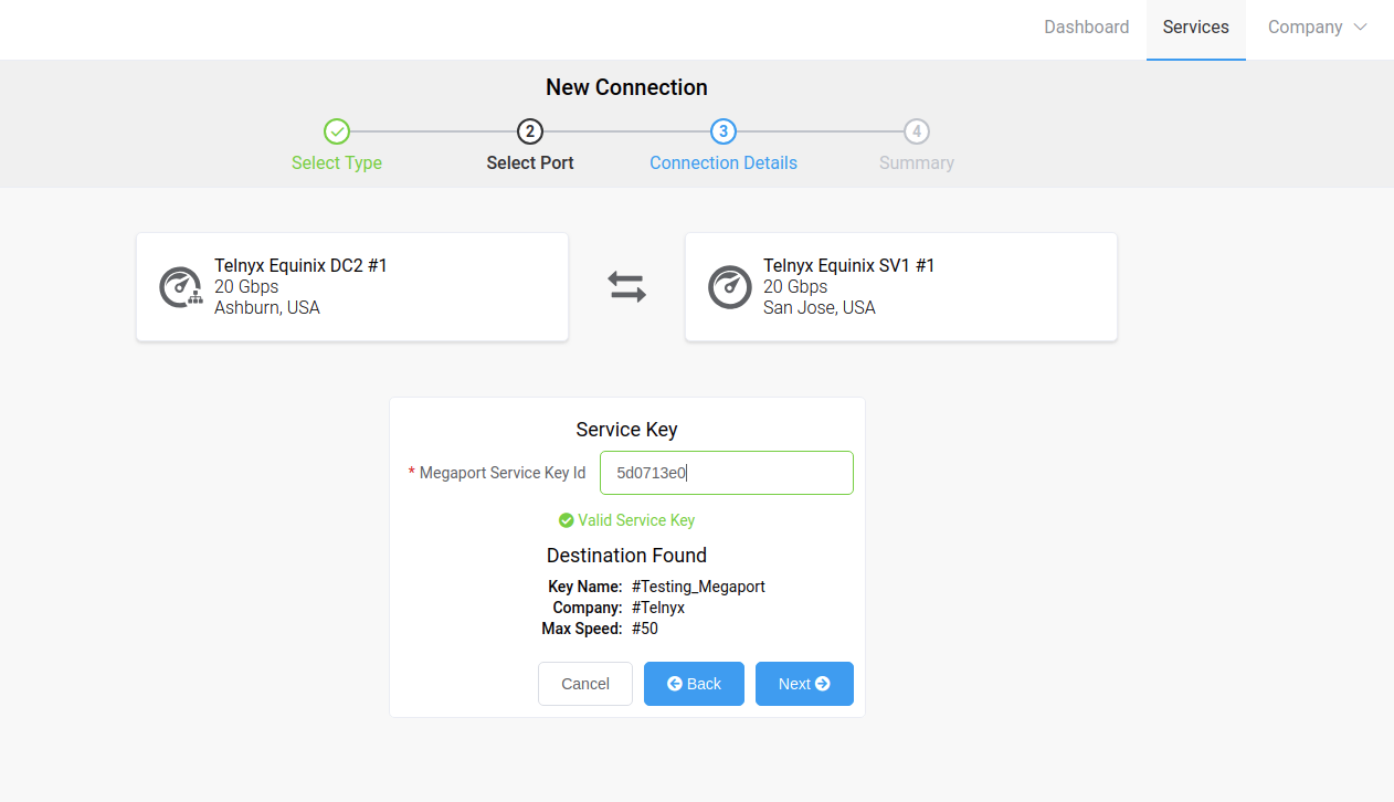 Megaport service key ID credentials input tab. 