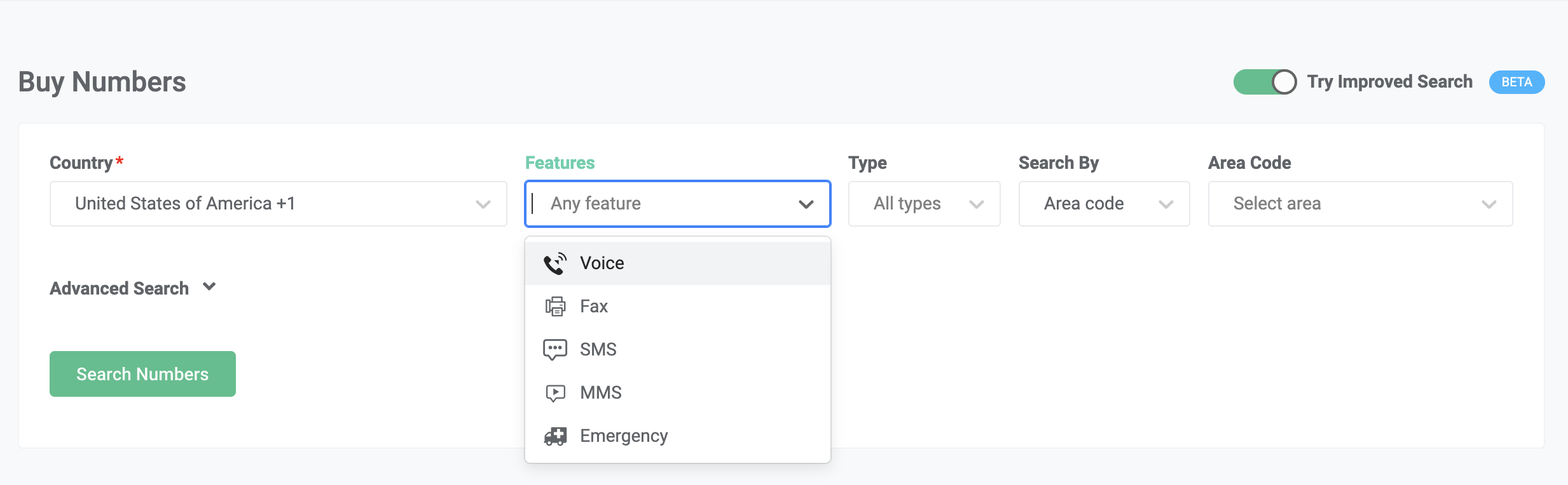 This is a screenshot of the number search tool which shows the search parameters to finding a phone number that will work for your business. Highlighted is the "Features" parameter where you must select the features you need such as "SMS" enabled with your phone number.