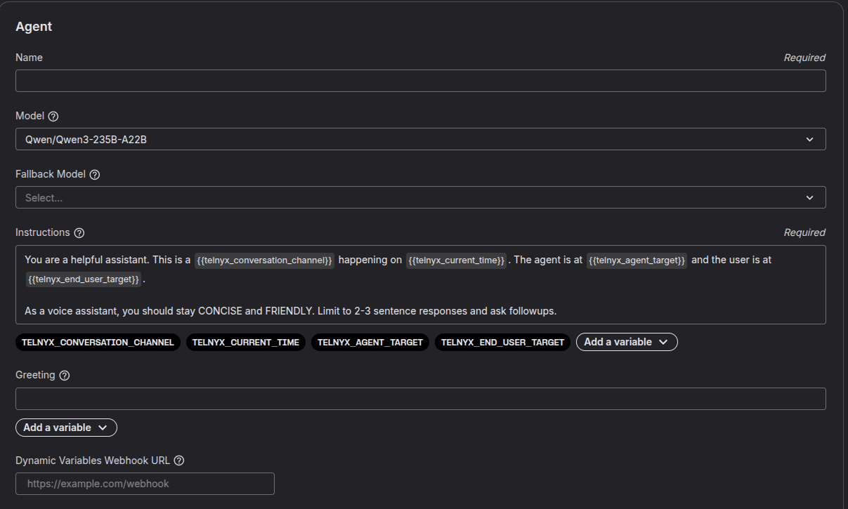 This is a screenshot of the AI Assistant blank canvas configuration page