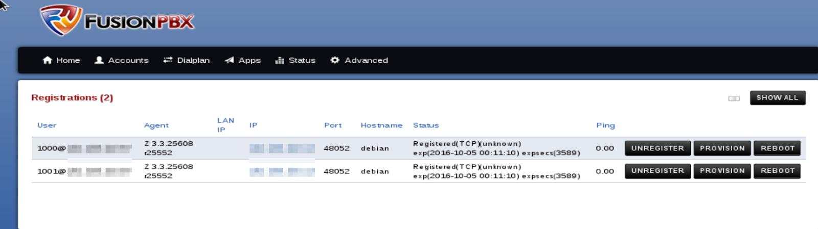Extension registration in the status field.