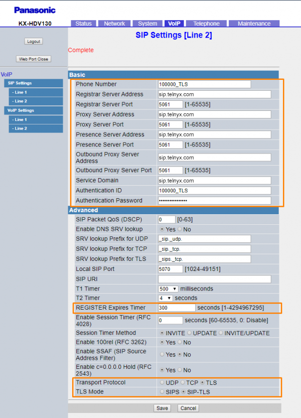 Sip settings section. 