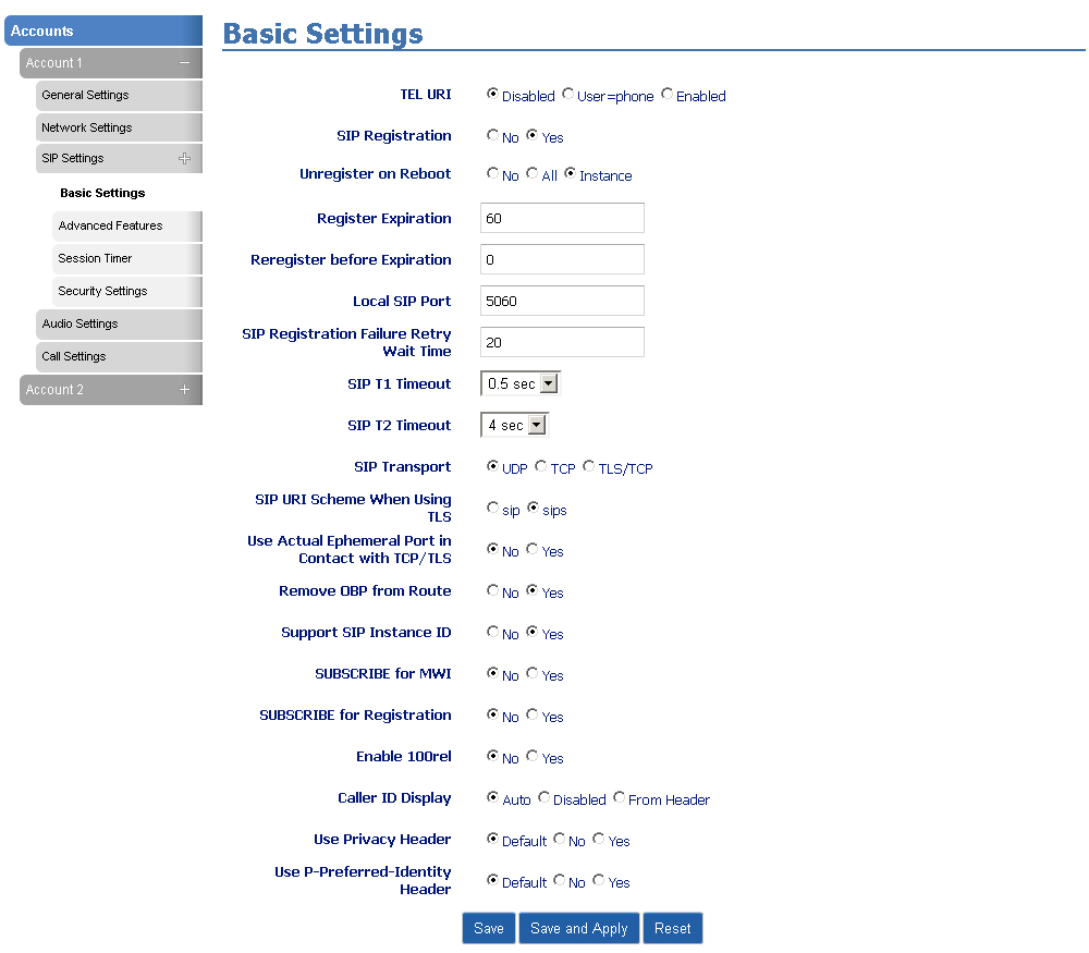Network settings in the Grandstream web UI. 