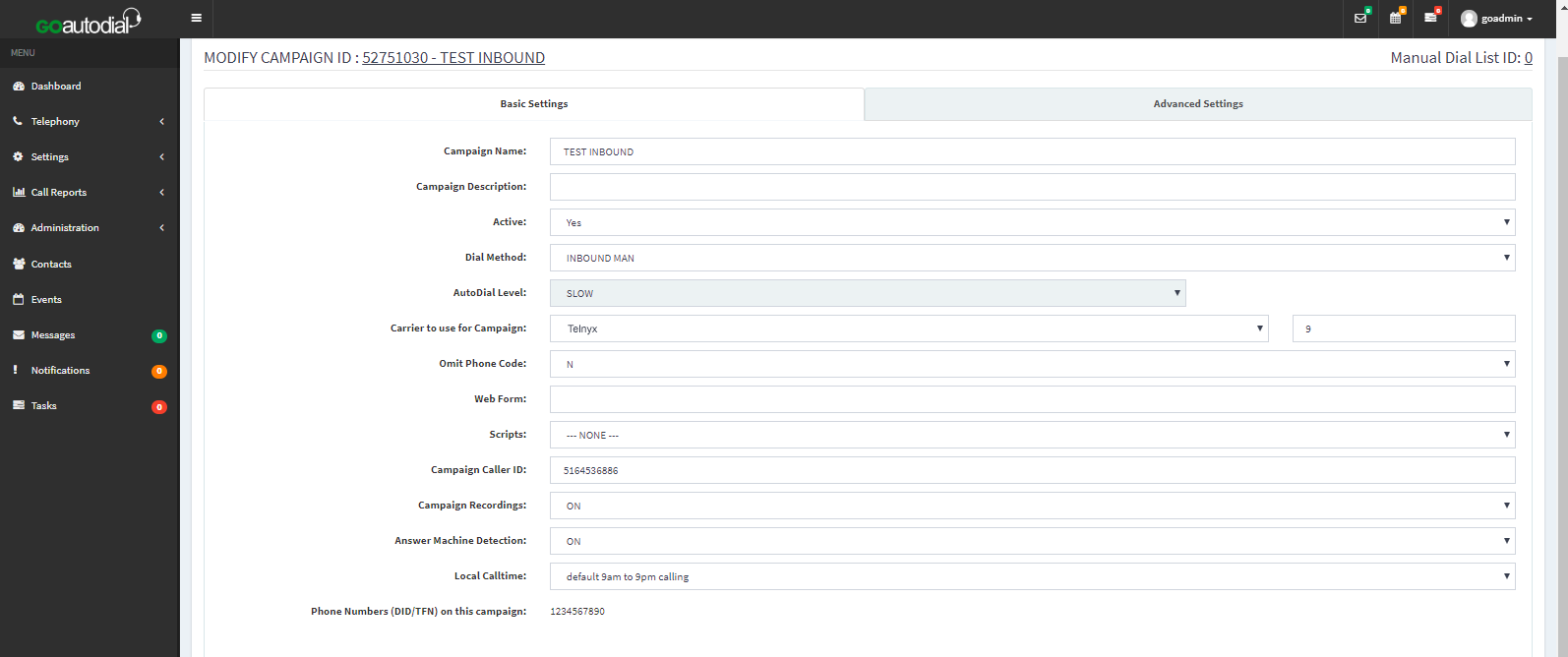 Advanced settings section.