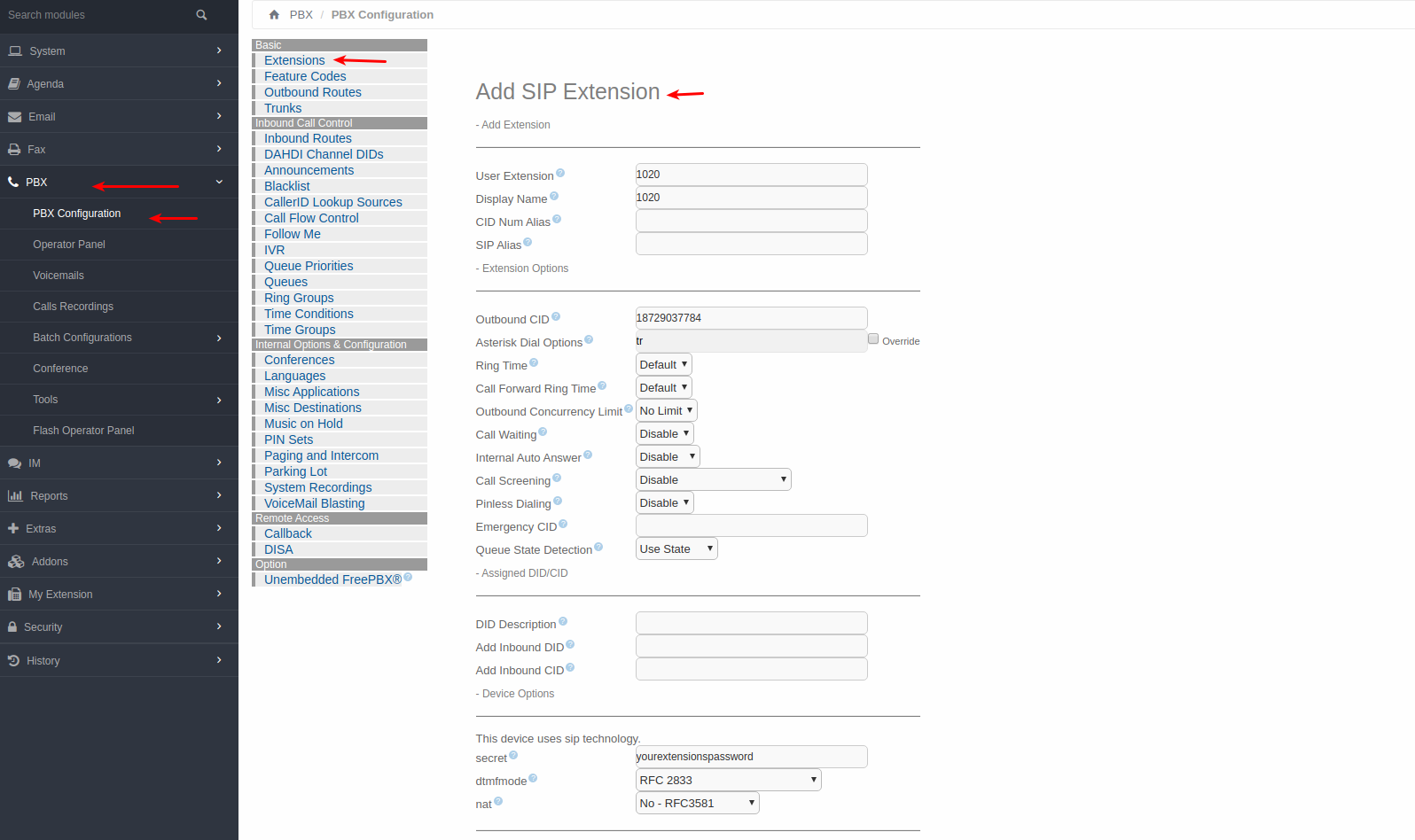 Page for adding SIP extension. 