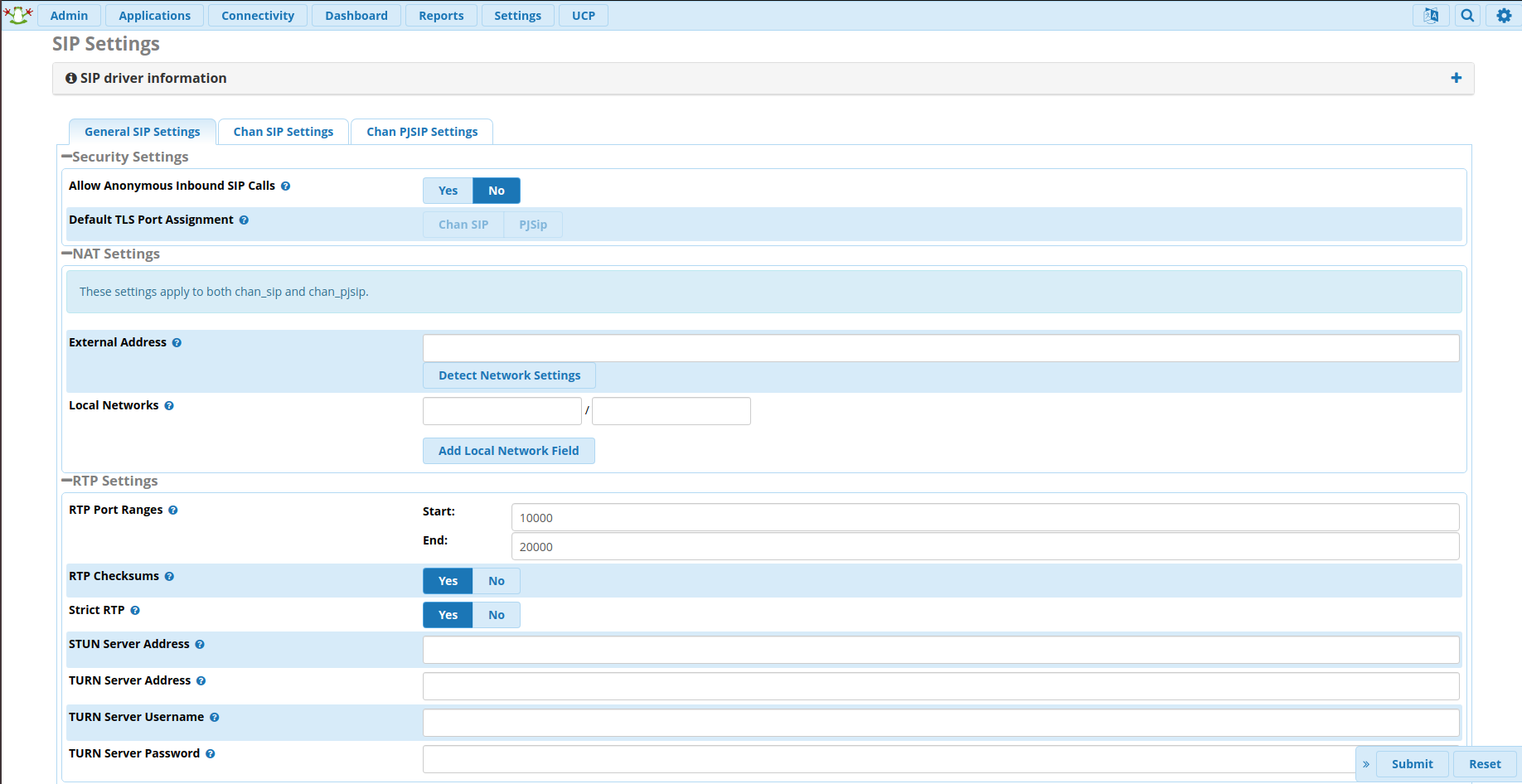 FreePBX settings section.
