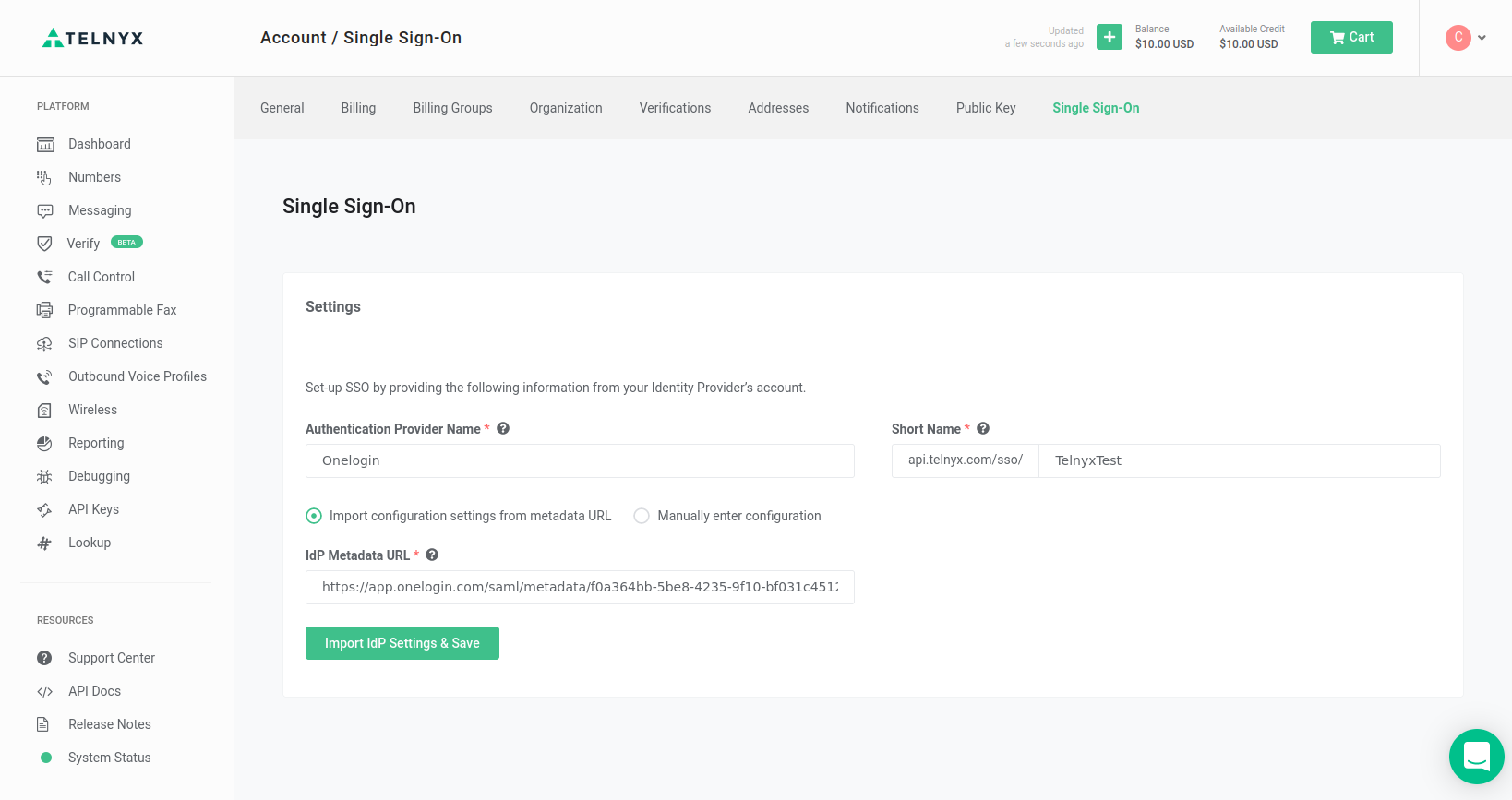 Single Sign-On details including Authentication provider name and short name details