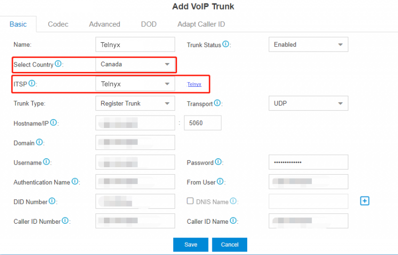 VoIP Trunk addition tab. 