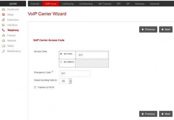 VoIP Carrier Wizard access code. 