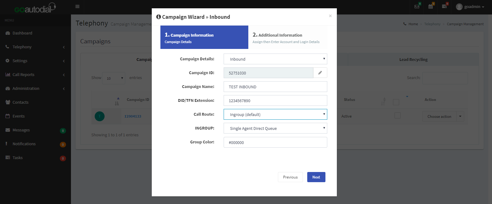 Campaign Wizard > Inbound sections.