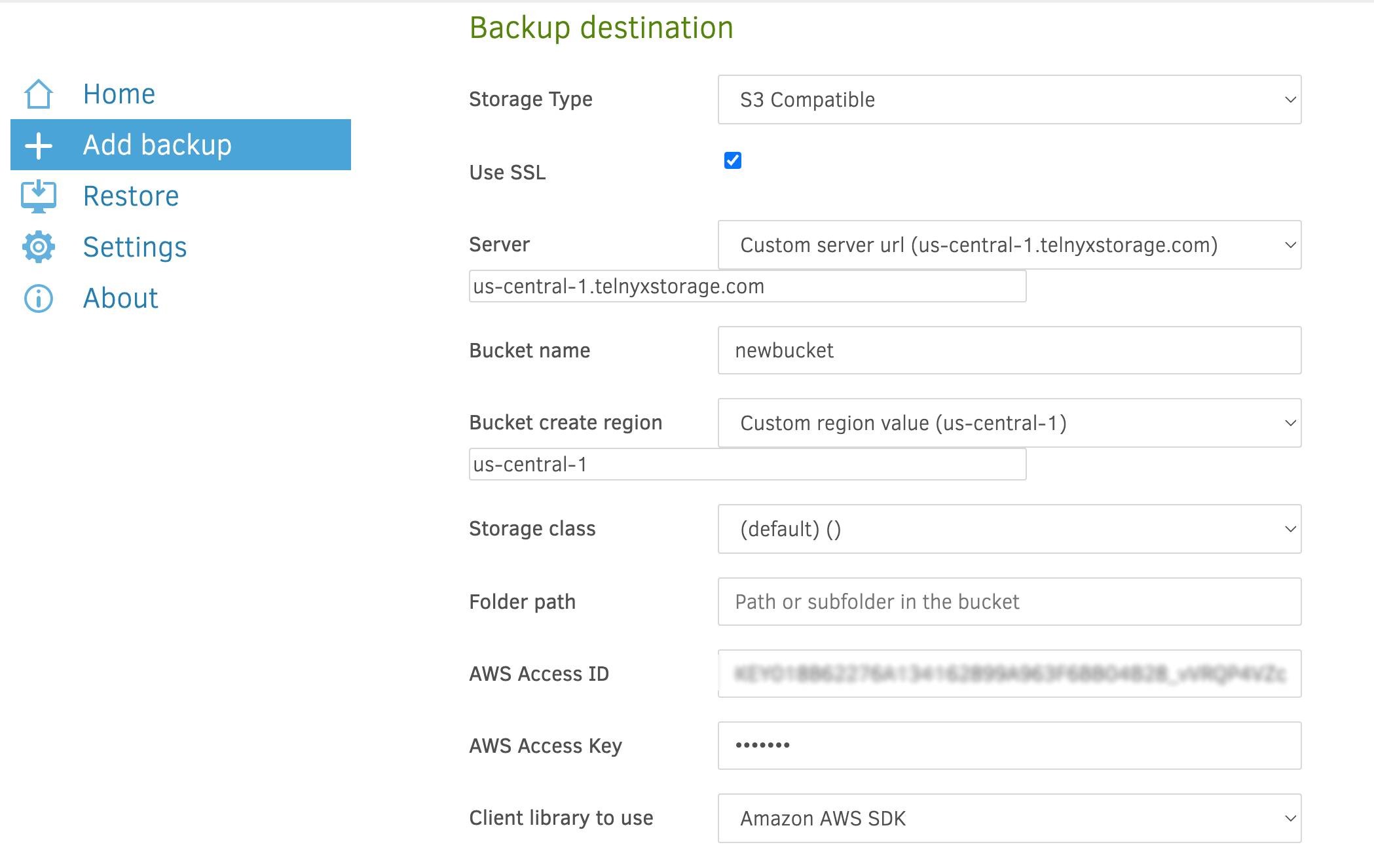 Backup destination settings. 