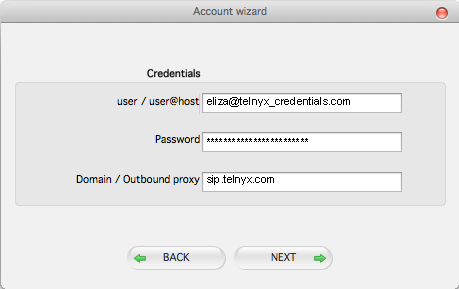 SIP user credentials settings. 