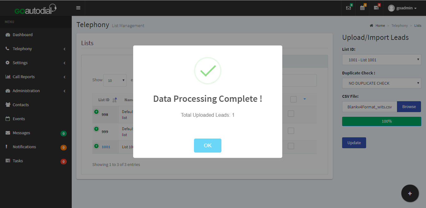 Goautodial dashboard page for lead status. 