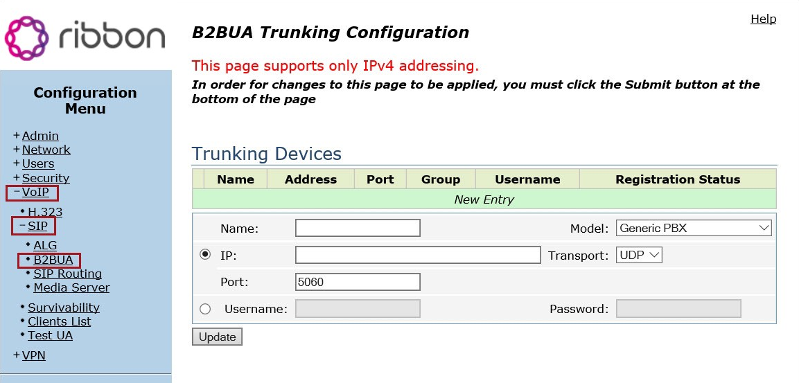 SIP trunk configuration page. 