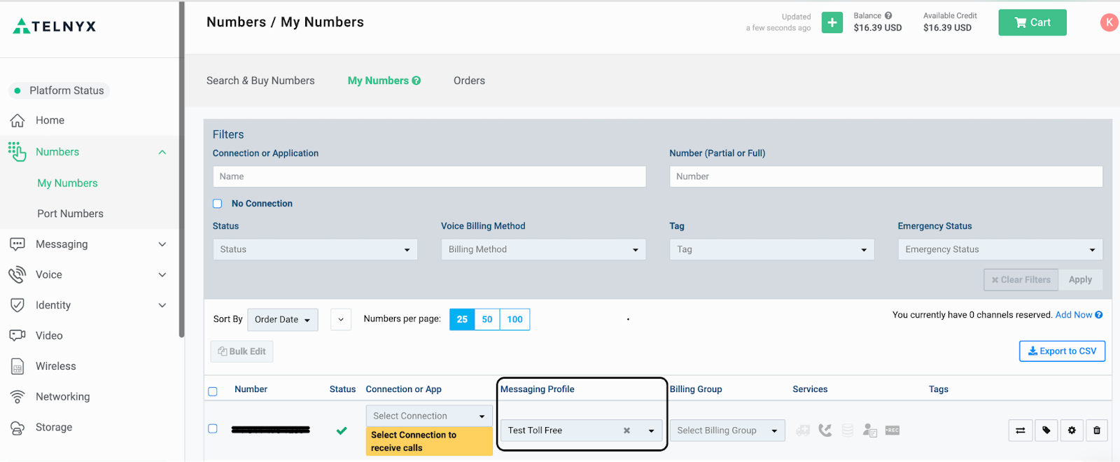 Messaging Profile assigning section.