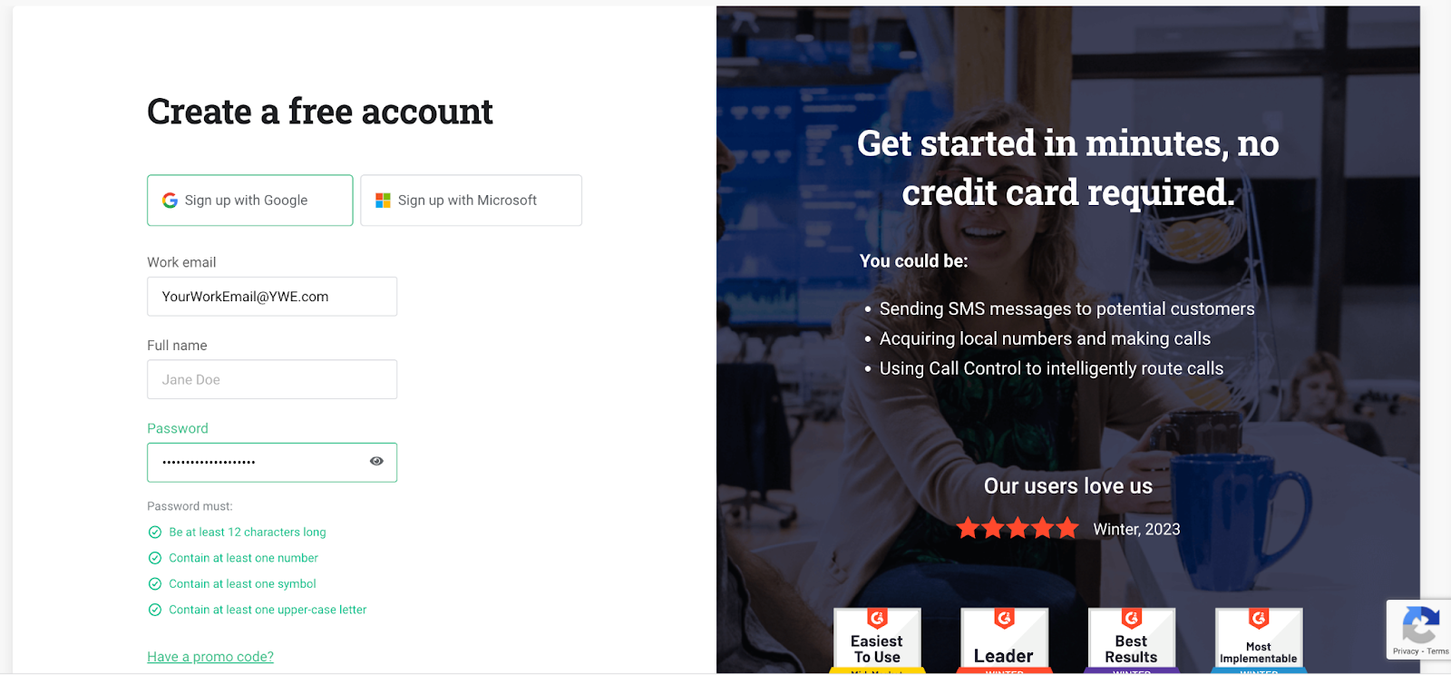 Telnyx account signup page.