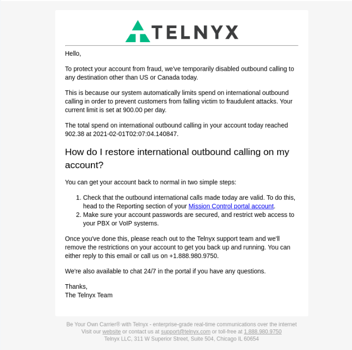 Outbound calling email example