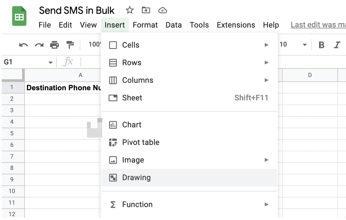 Insert function on the Google Sheets page. 