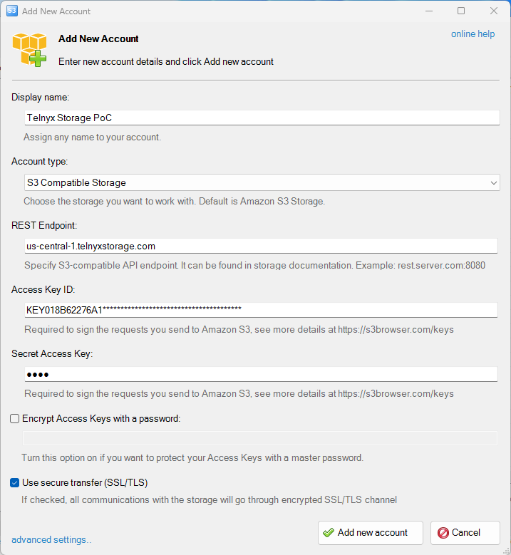 "Add new account" section of the S3 browser. 