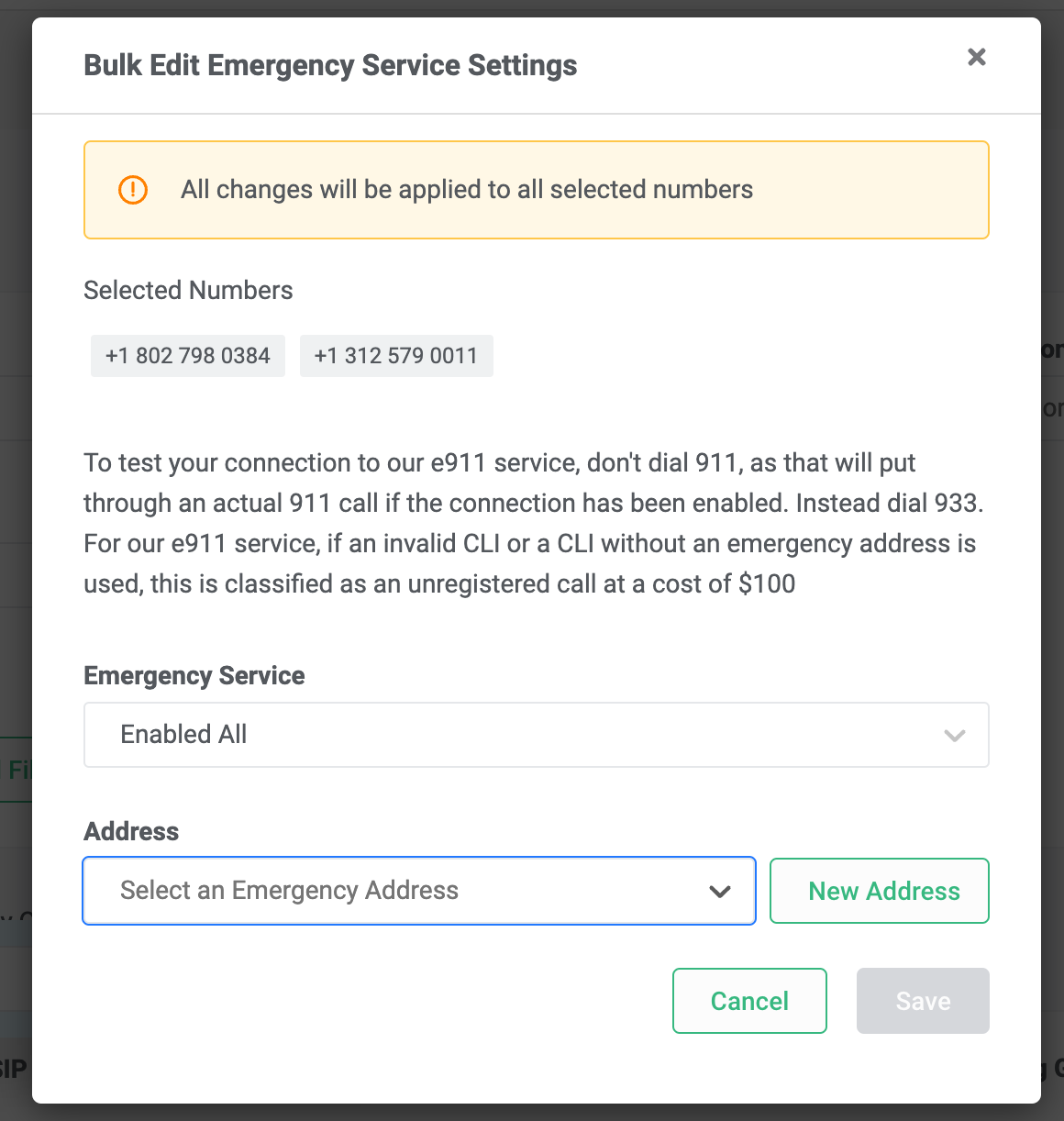Bulk edit for emergency service settings