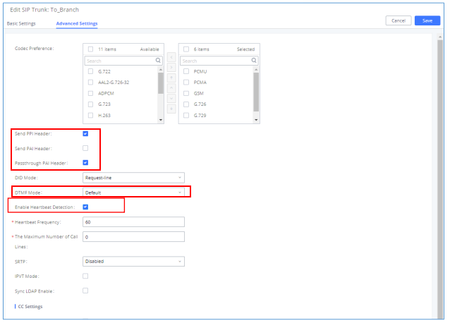 SIP Trunk advanced Settings tab.