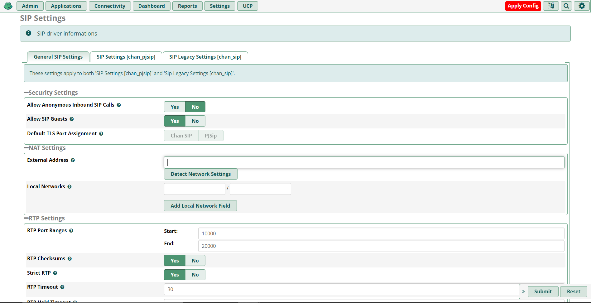 SIP settings configuration. 