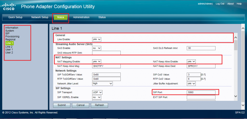 Voice tab of the phone adapter configuration utility interface 2. 