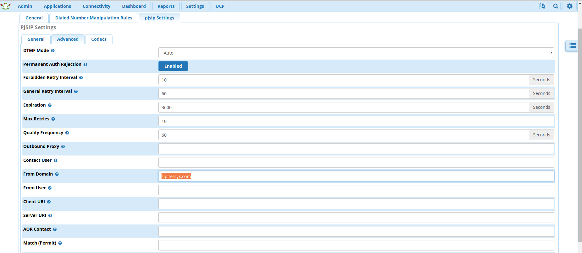 Advanced settings tab of PJSIP Settings. 