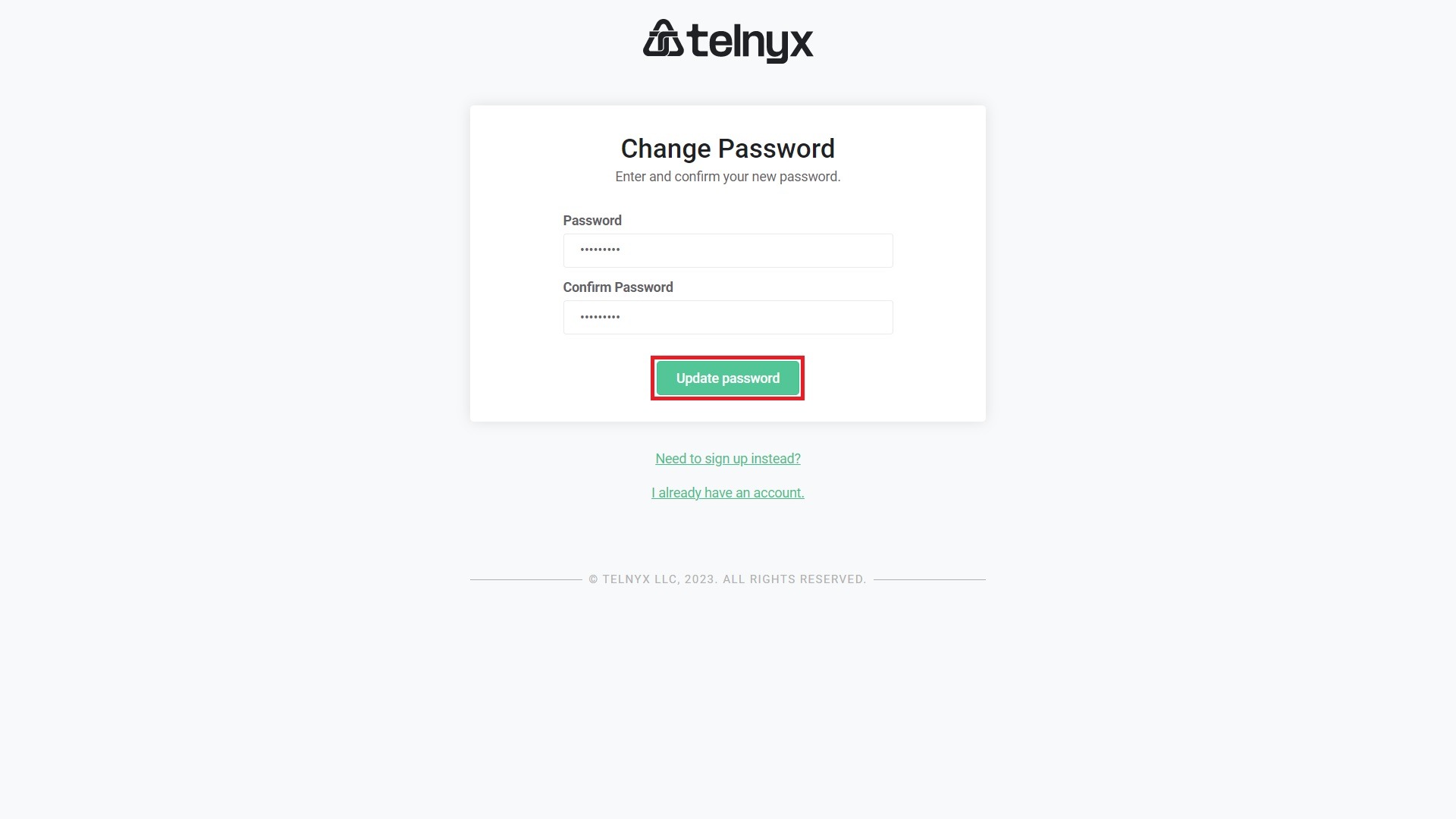 Tenyx change a new password and confirm the password page